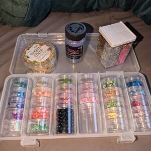Clear Plastic Storage Organizer with Glitter and Pieces For Nail Art Or Lipgloss